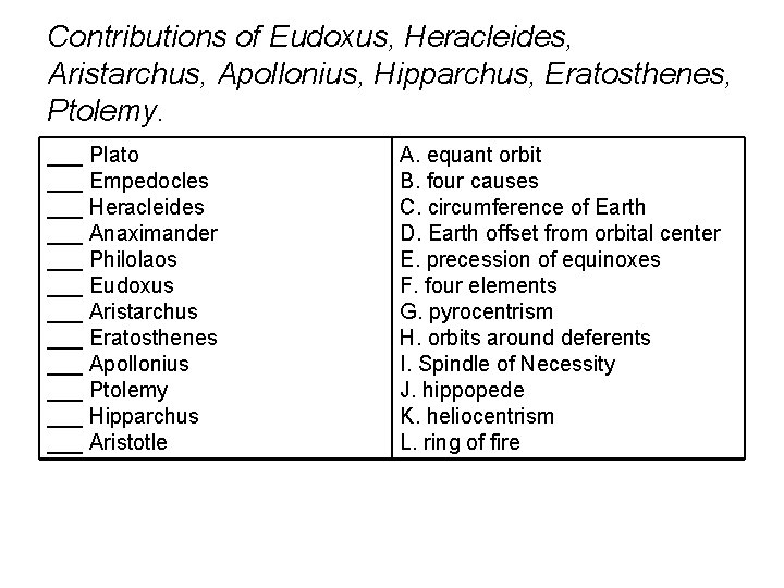 Contributions of Eudoxus, Heracleides, Aristarchus, Apollonius, Hipparchus, Eratosthenes, Ptolemy. ___ Plato ___ Empedocles ___ Contributions of Eudoxus, Heracleides, Aristarchus, Apollonius, Hipparchus, Eratosthenes, Ptolemy. ___ Plato ___ Empedocles ___