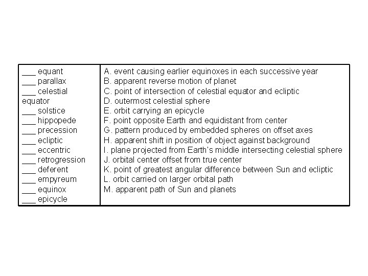 ___ equant ___ parallax ___ celestial equator ___ solstice ___ hippopede ___ precession ___