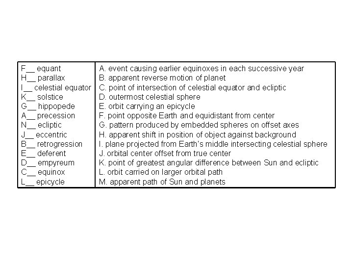 F__ equant H__ parallax I__ celestial equator K__ solstice G__ hippopede A__ precession N__