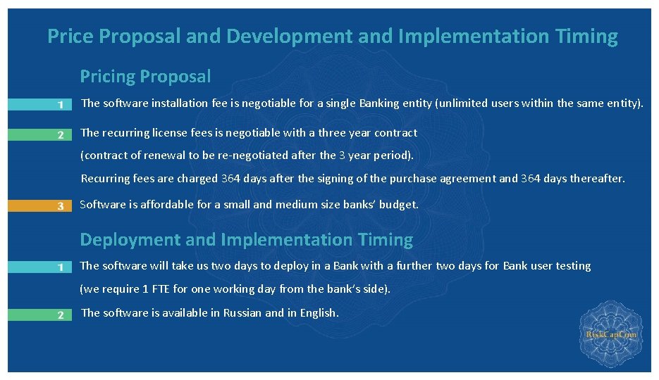 Price Proposal and Development and Implementation Timing Pricing Proposal The software installation fee is Price Proposal and Development and Implementation Timing Pricing Proposal The software installation fee is