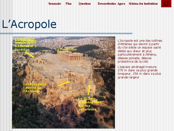 Sommaire Plan Questions Reconstitution Agora Schéma des institutions L’Acropole L’Erechteion, temple dédié à Athéna Sommaire Plan Questions Reconstitution Agora Schéma des institutions L’Acropole L’Erechteion, temple dédié à Athéna
