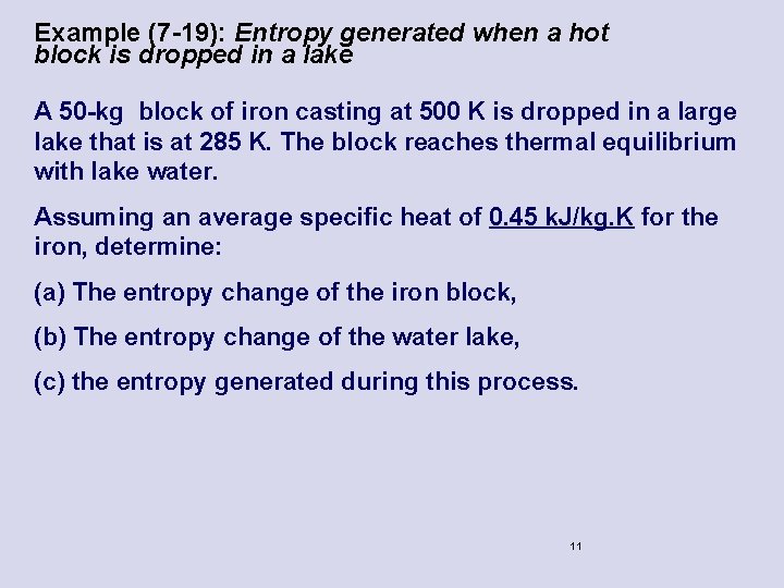 Example (7 -19): Entropy generated when a hot block is dropped in a lake