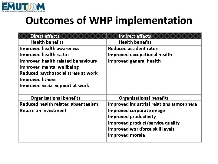 Outcomes of WHP implementation Direct effects Health benefits Improved health awareness Improved health status