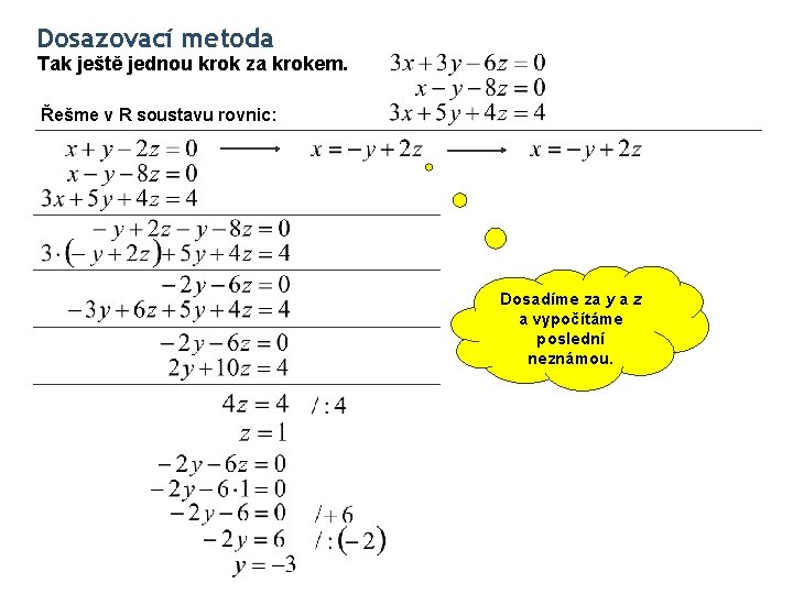 Dosazovací metoda Tak ještě jednou krok za krokem. Řešme v R soustavu rovnic: Dosadíme