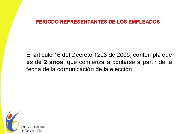 PERIODO REPRESENTANTES DE LOS EMPLEADOS El articulo 16 del Decreto 1228 de 2005, contempla
