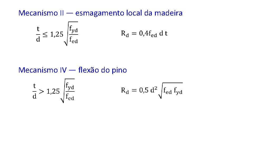 Mecanismo II — esmagamento local da madeira Mecanismo IV — flexão do pino 