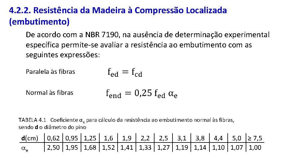 4. 2. 2. Resistência da Madeira à Compressão Localizada (embutimento) De acordo com a