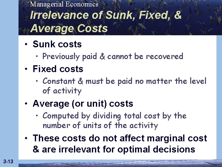 Managerial Economics Irrelevance of Sunk, Fixed, & Average Costs • Sunk costs • Previously