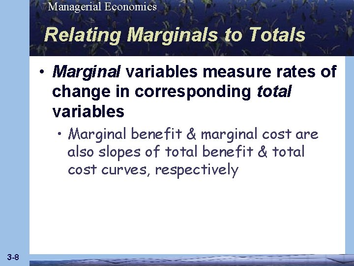 Managerial Economics Relating Marginals to Totals • Marginal variables measure rates of change in