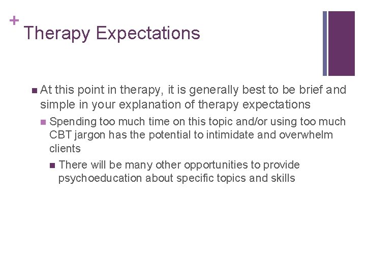 + Therapy Expectations n At this point in therapy, it is generally best to