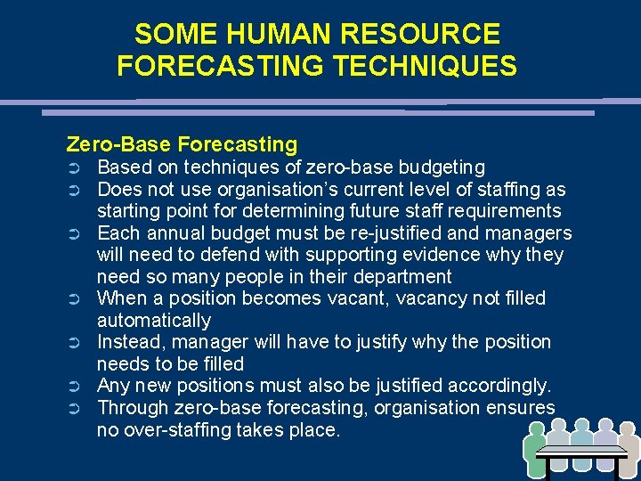 SOME HUMAN RESOURCE FORECASTING TECHNIQUES Zero-Base Forecasting ➲ ➲ ➲ ➲ Based on techniques