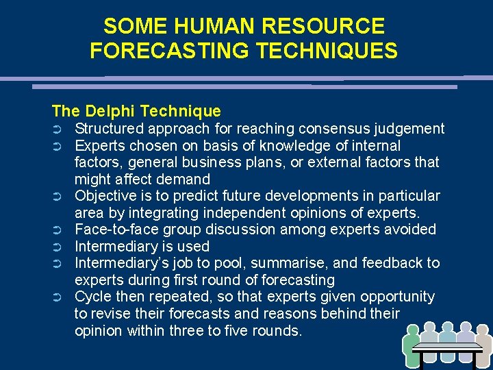 SOME HUMAN RESOURCE FORECASTING TECHNIQUES The Delphi Technique ➲ ➲ ➲ ➲ Structured approach