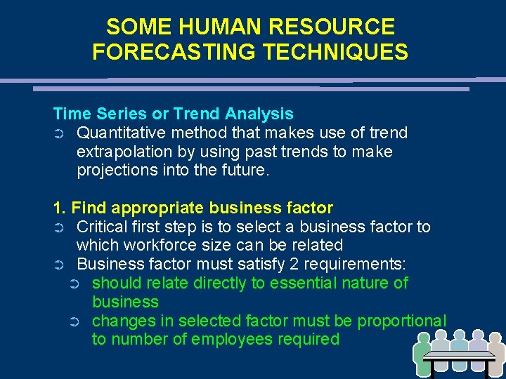 SOME HUMAN RESOURCE FORECASTING TECHNIQUES Time Series or Trend Analysis ➲ Quantitative method that