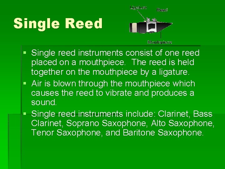 Single Reed § Single reed instruments consist of one reed placed on a mouthpiece.