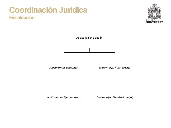 Coordinación Jurídica Fiscalización Jefe(a) de Fiscalización Supervisor(a) Ejecutor(a) Supervisor(a) Fiscalizador(a) Auditores(as) Ejecutores(as) Auditores(as) Fiscalizadores(as)