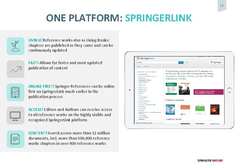 13 ONE PLATFORM: SPRINGERLINK LIVING! Reference works also as Living Books: chapters are published