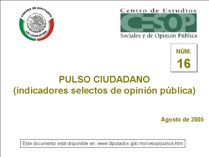 NÚM. 16 PULSO CIUDADANO (indicadores selectos de opinión pública) Agosto de 2005 Este documento