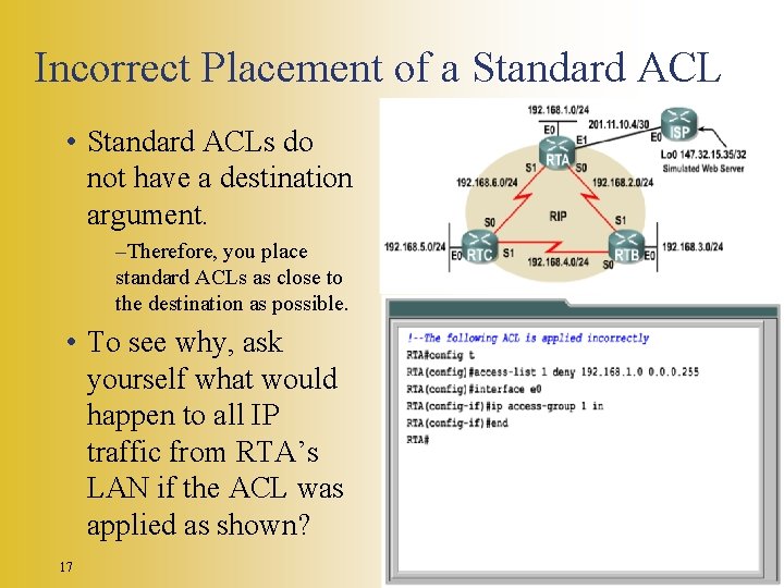 Incorrect Placement of a Standard ACL • Standard ACLs do not have a destination