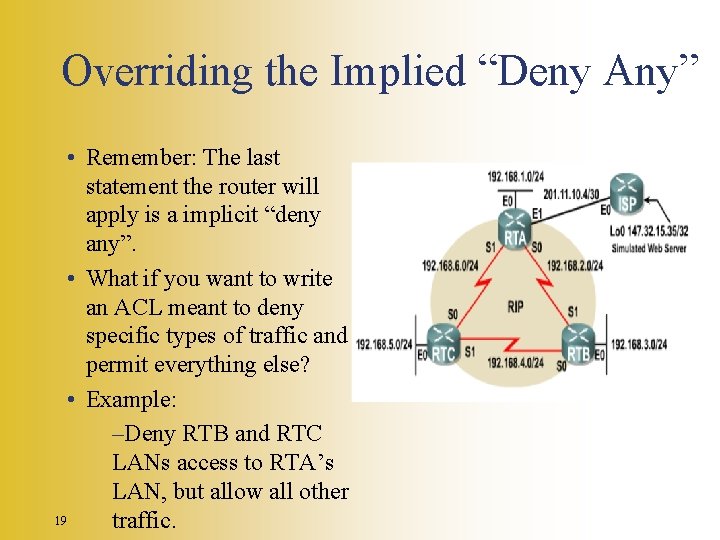 Overriding the Implied “Deny Any” • Remember: The last statement the router will apply