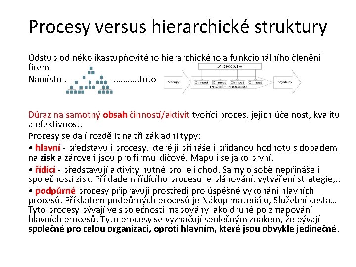 Procesy versus hierarchické struktury Odstup od několikastupňovitého hierarchického a funkcionálního členění firem Namísto………………. toto