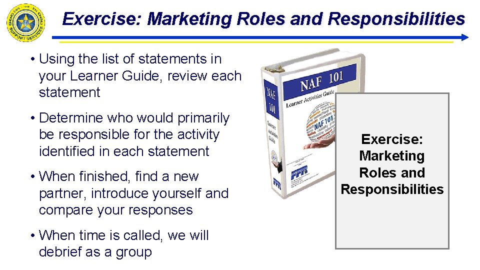 Exercise: Marketing Roles and Responsibilities • Using the list of statements in your Learner