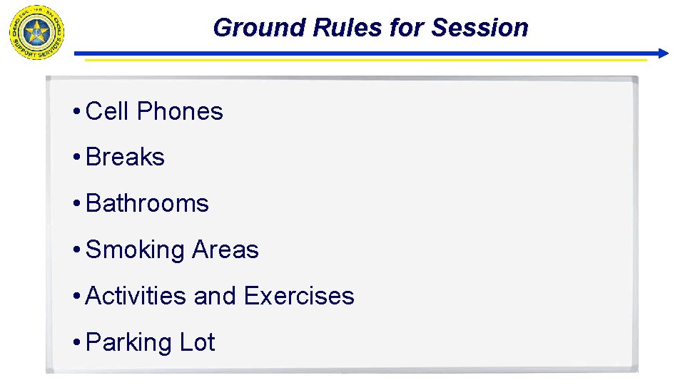 Ground Rules for Session • Cell Phones • Breaks • Bathrooms • Smoking Areas