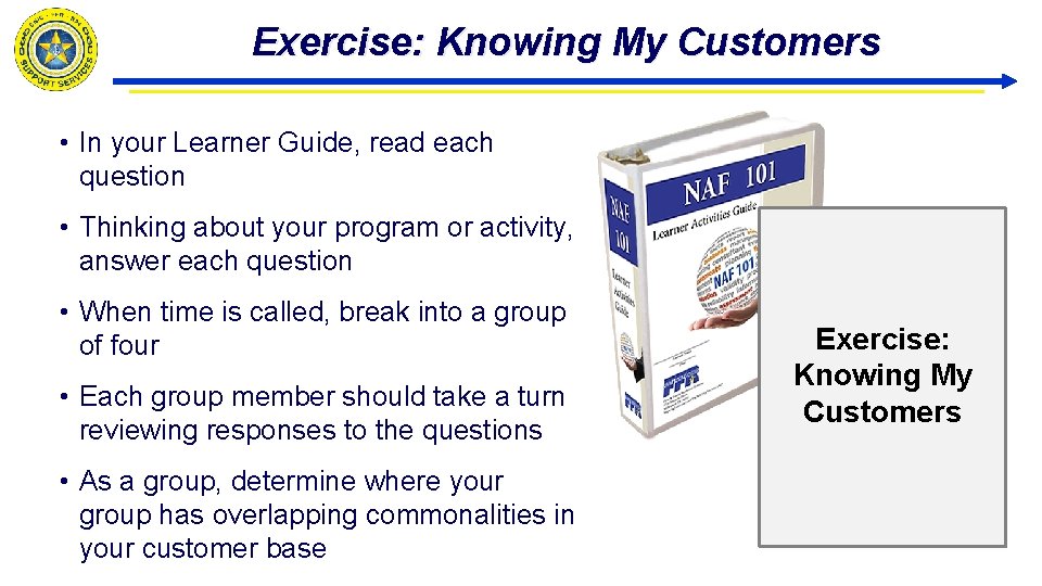 Exercise: Knowing My Customers • In your Learner Guide, read each question • Thinking