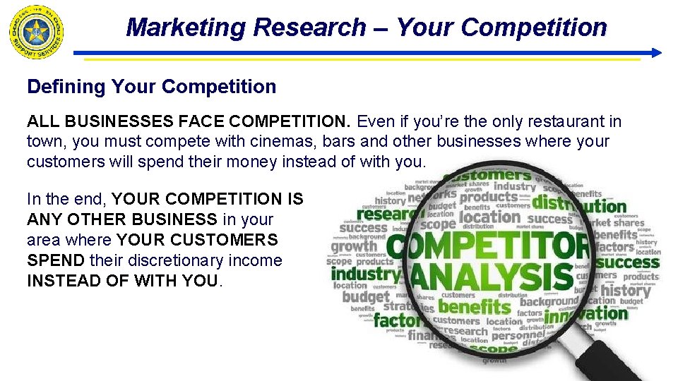 Marketing Research – Your Competition Defining Your Competition ALL BUSINESSES FACE COMPETITION. Even if