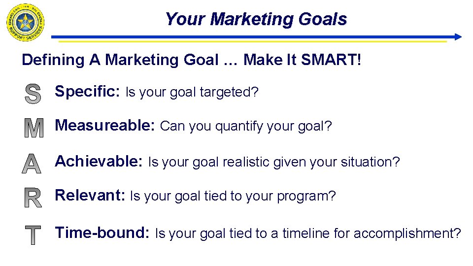 Your Marketing Goals Defining A Marketing Goal … Make It SMART! Specific: Is your