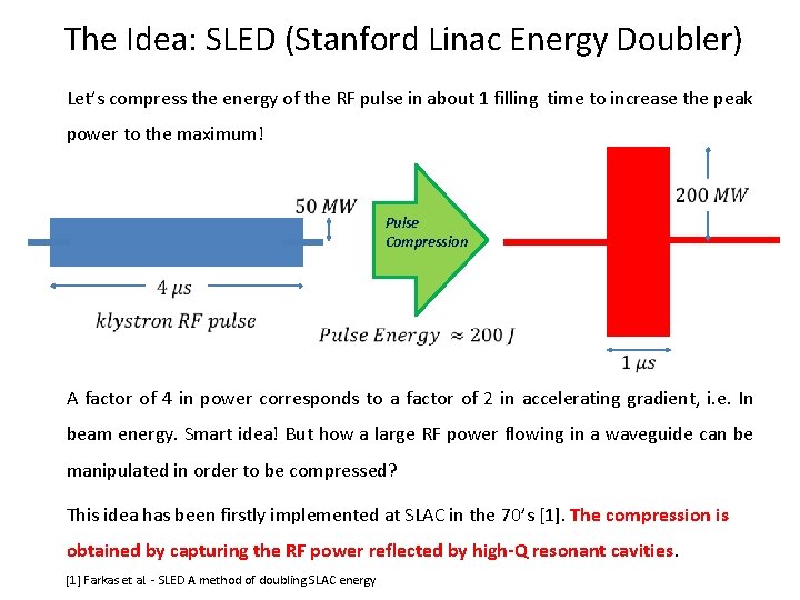 The Idea: SLED (Stanford Linac Energy Doubler) Let’s compress the energy of the RF