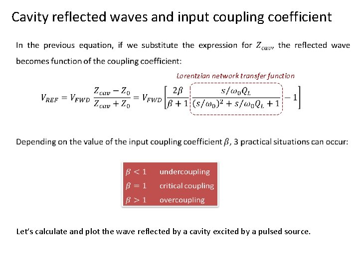 Cavity reflected waves and input coupling coefficient Lorentzian network transfer function Let’s calculate and