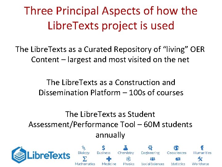 Three Principal Aspects of how the Libre. Texts project is used The Libre. Texts