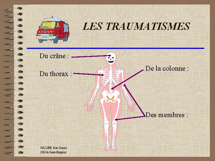 LES TRAUMATISMES Du crâne : Du thorax : De la colonne : Des membres