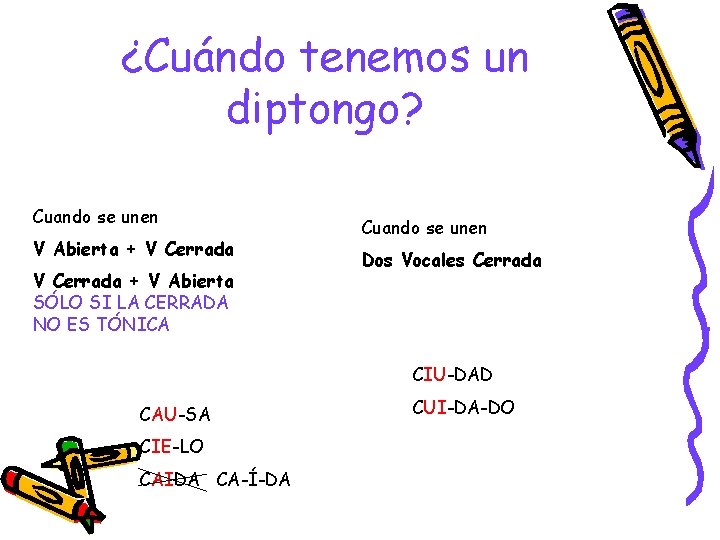 ¿Cuándo tenemos un diptongo? Cuando se unen V Abierta + V Cerrada + V ¿Cuándo tenemos un diptongo? Cuando se unen V Abierta + V Cerrada + V