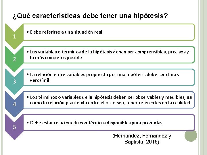 ¿Qué características debe tener una hipótesis? 1 • Debe referirse a una situación real