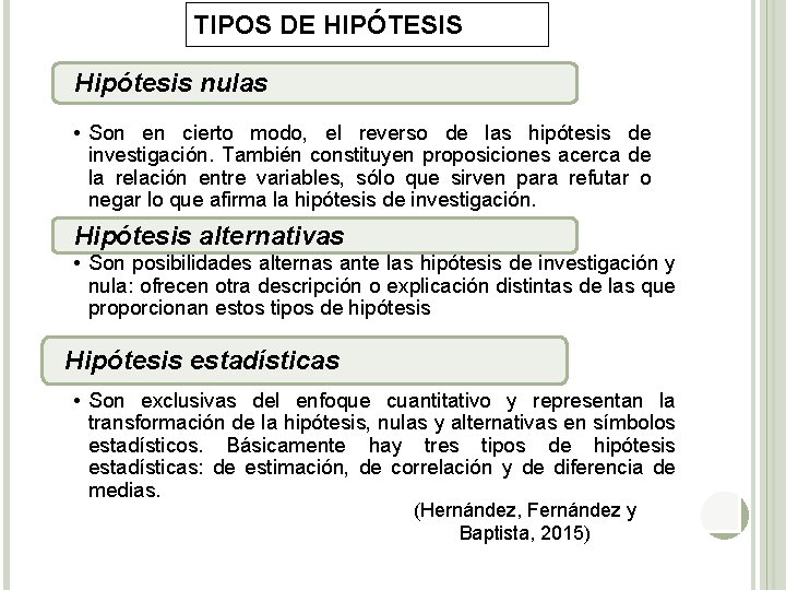 TIPOS DE HIPÓTESIS Hipótesis nulas • Son en cierto modo, el reverso de las