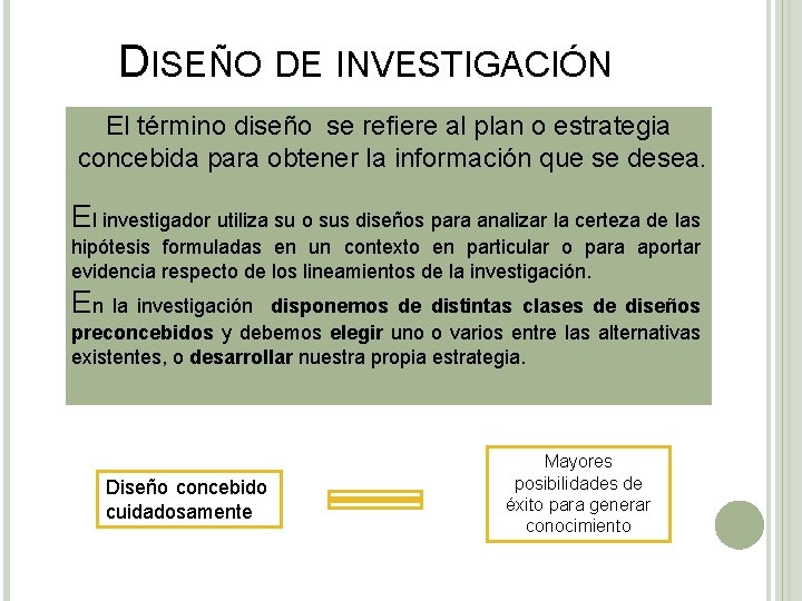 DISEÑO DE INVESTIGACIÓN El término diseño se refiere al plan o estrategia concebida para