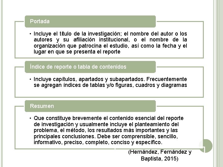 Portada • Incluye el título de la investigación; el nombre del autor o los