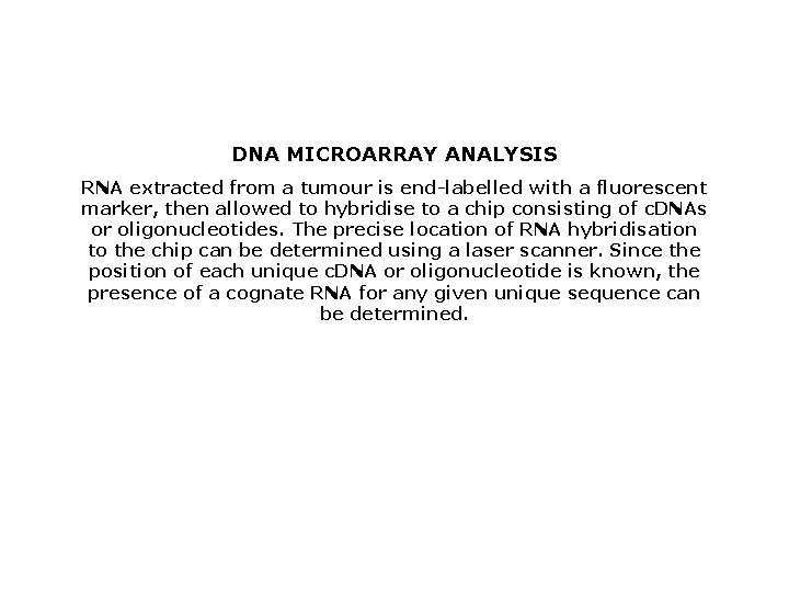 DNA MICROARRAY ANALYSIS RNA extracted from a tumour is end-labelled with a fluorescent marker,