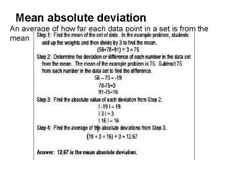 Mean absolute deviation An average of how far each data point in a set