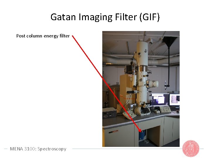 Gatan Imaging Filter (GIF) Post column energy filter MENA 3100: Spectroscopy 