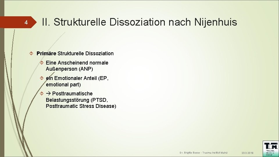 4 II. Strukturelle Dissoziation nach Nijenhuis Primäre Strukturelle Dissoziation Eine Anscheinend normale Außenperson (ANP) 4 II. Strukturelle Dissoziation nach Nijenhuis Primäre Strukturelle Dissoziation Eine Anscheinend normale Außenperson (ANP)