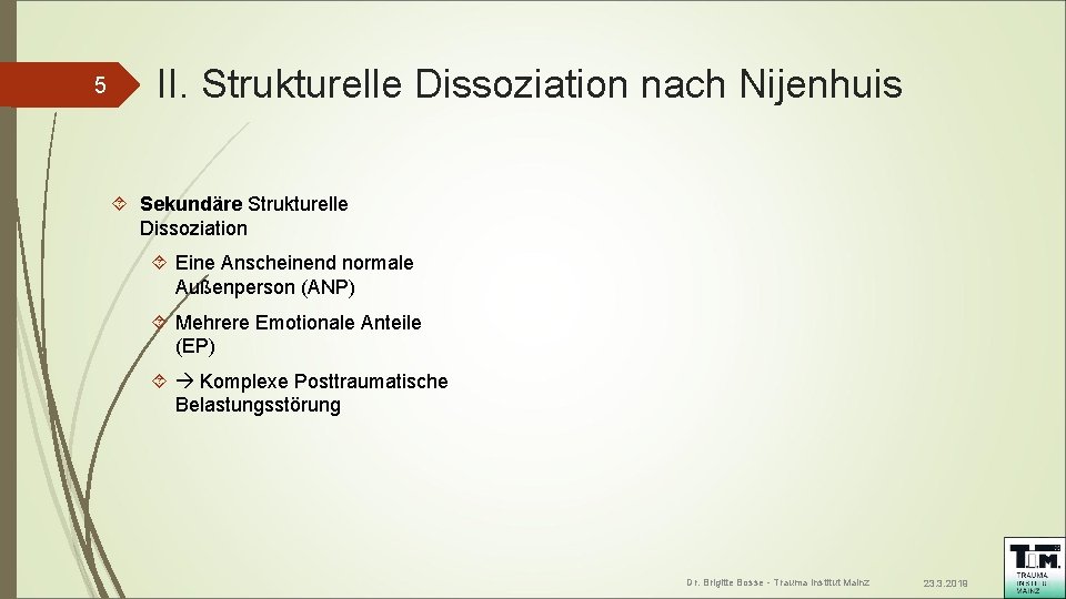 5 II. Strukturelle Dissoziation nach Nijenhuis Sekundäre Strukturelle Dissoziation Eine Anscheinend normale Außenperson (ANP) 5 II. Strukturelle Dissoziation nach Nijenhuis Sekundäre Strukturelle Dissoziation Eine Anscheinend normale Außenperson (ANP)