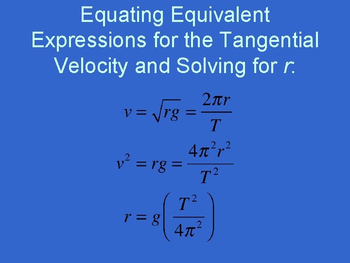 Equating Equivalent Expressions for the Tangential Velocity and Solving for r: 