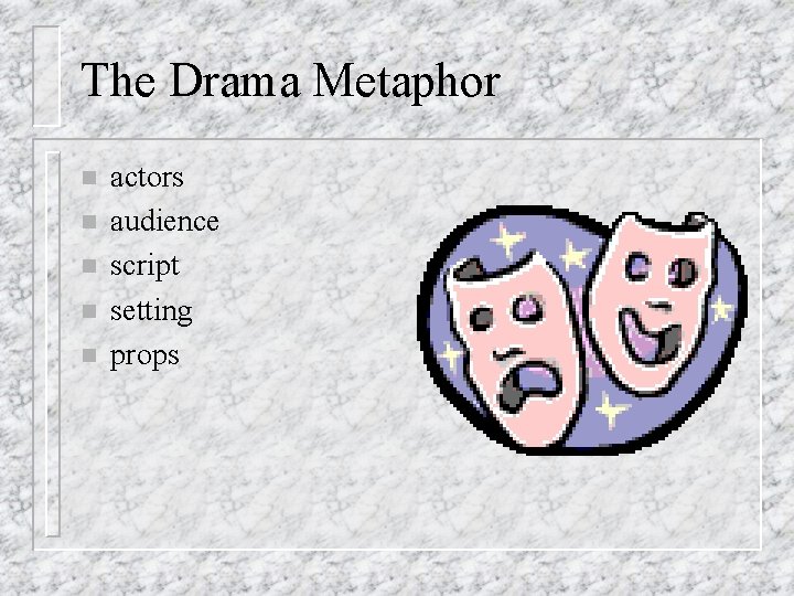 The Drama Metaphor n n n actors audience script setting props 