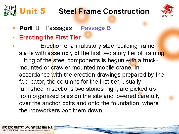 Unit 5 Steel Frame Construction • Part Ⅱ Passages Passage B • Erecting the