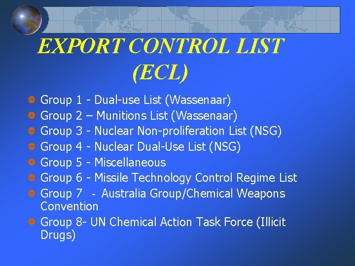 EXPORT CONTROL LIST (ECL) Group 1 - Dual-use List (Wassenaar) Group 2 – Munitions