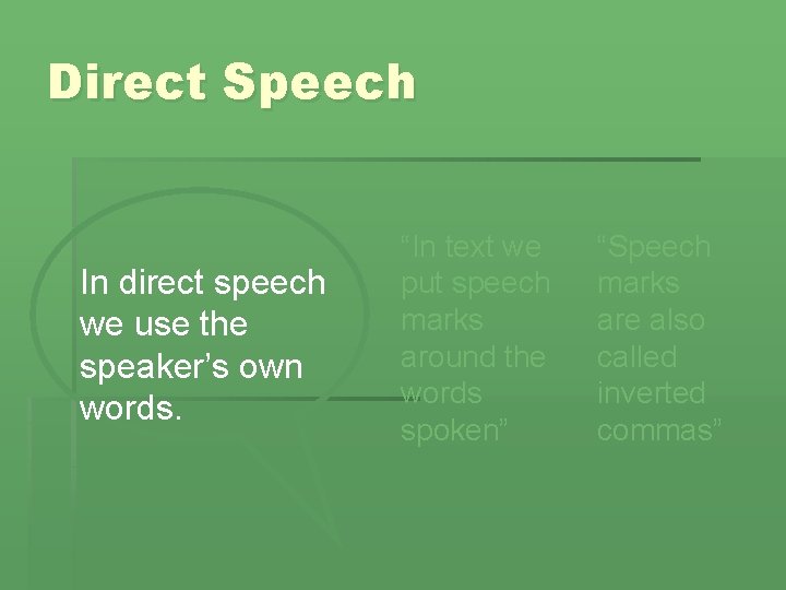 Direct Speech In direct speech we use the speaker’s own words. “In text we