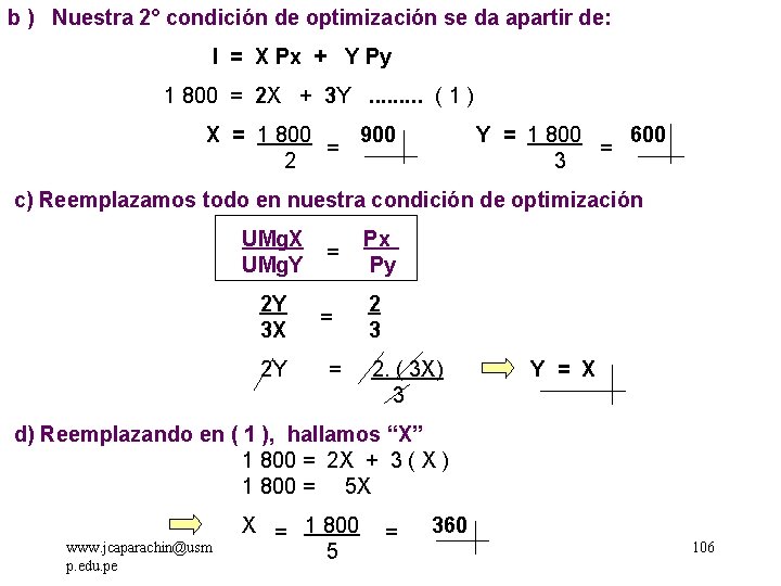 b ) Nuestra 2° condición de optimización se da apartir de: I = X