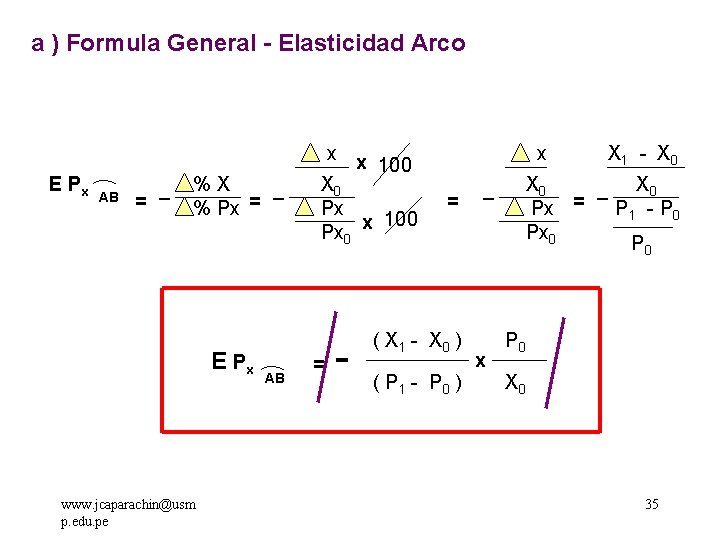 a ) Formula General - Elasticidad Arco E Px AB = _ %X _